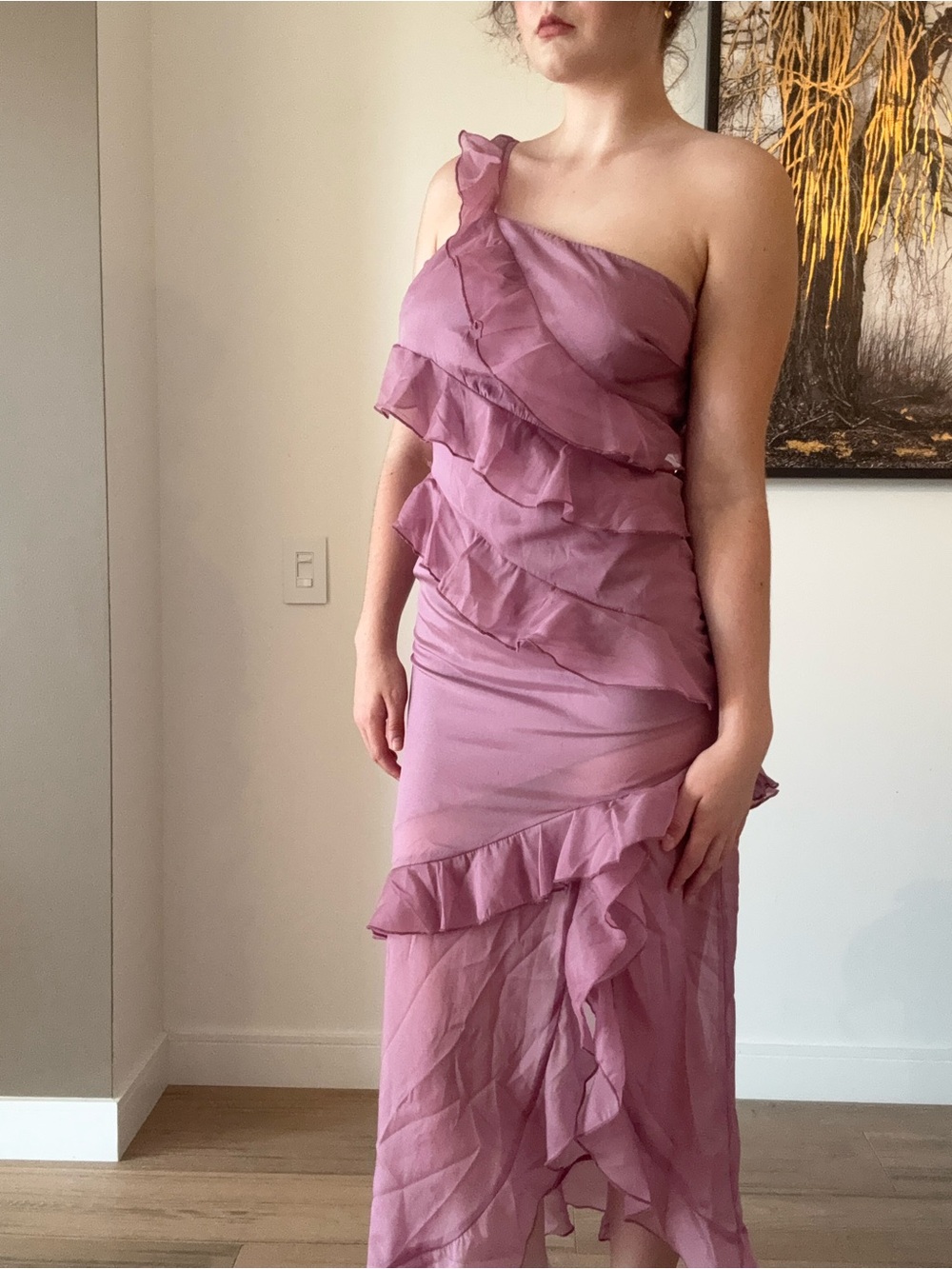 Cider One-Shoulder Ruffle Maxi Dress in Mauve